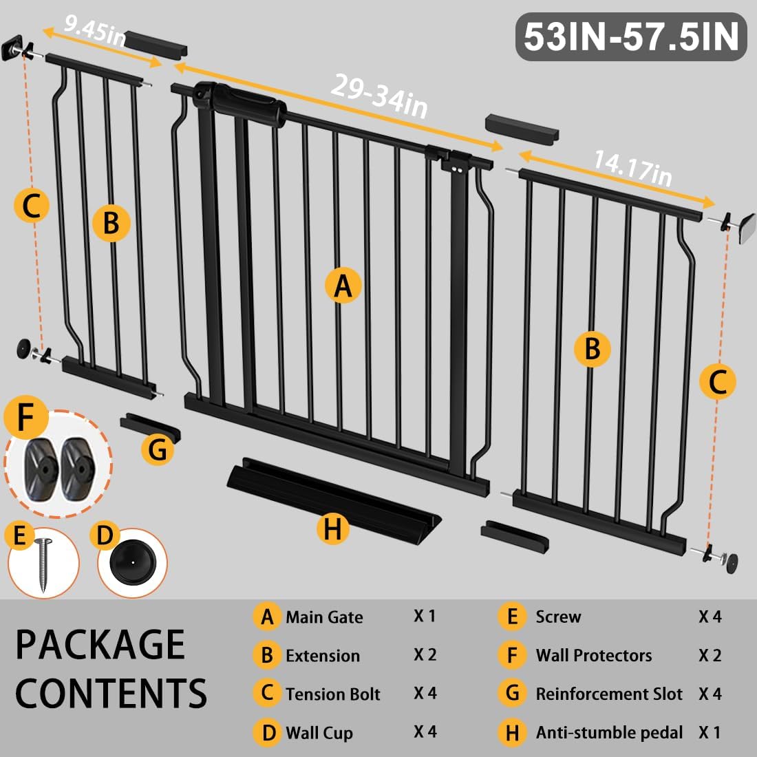 Fairy Baby Extra Wide Baby Gate Black 57.5-62 Inch Wide, Walk Through Pressure Mounted No Drill for Doorways, Long and Large Tension Dog Gates for Pet and Kids