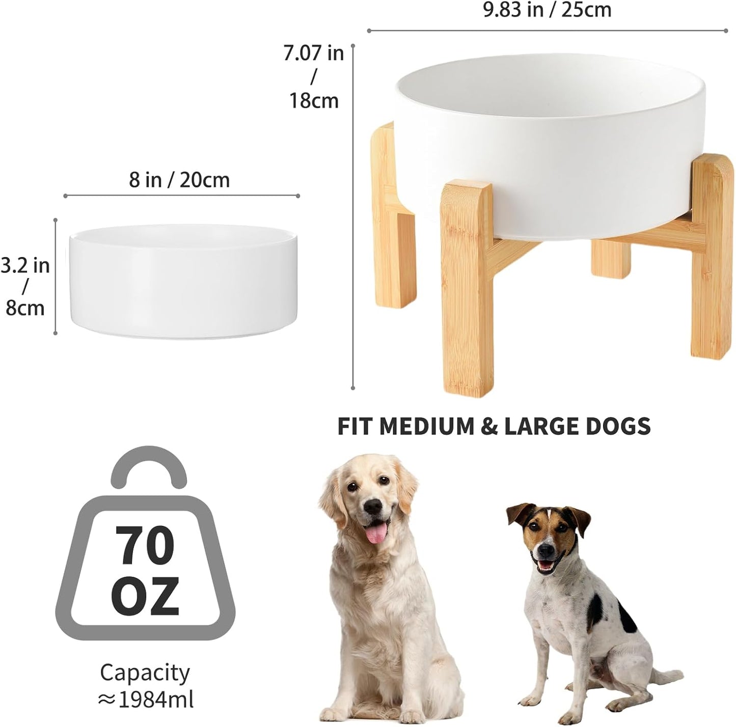 6'' Ceramic Raised Dog Bowl - 30Oz Dog Food & Water Bowl with Elevated Non-Slip Bamboo Stand, Dishwasher & Microwave Safe, Anti Vomiting Heavy Duty Pet Bowl for Small and Medium Dogs, White