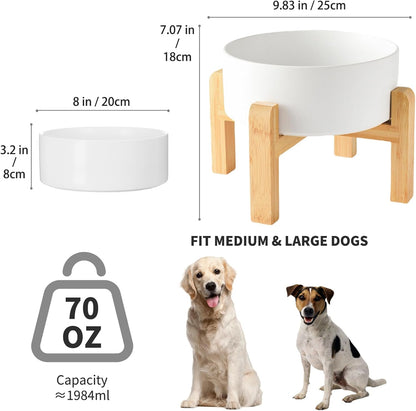 6'' Ceramic Raised Dog Bowl - 30Oz Dog Food & Water Bowl with Elevated Non-Slip Bamboo Stand, Dishwasher & Microwave Safe, Anti Vomiting Heavy Duty Pet Bowl for Small and Medium Dogs, White