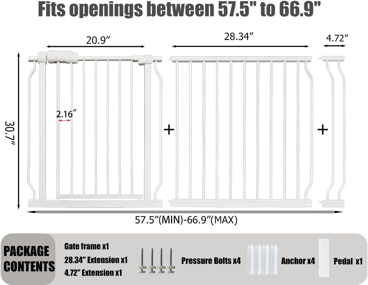 24-29 Inch Narrow Baby Gate, Pressure Mounted No Drilling Dog Gate for Stairs & Doorways, White Metal Safety Gate Indoor for Kids and Pets