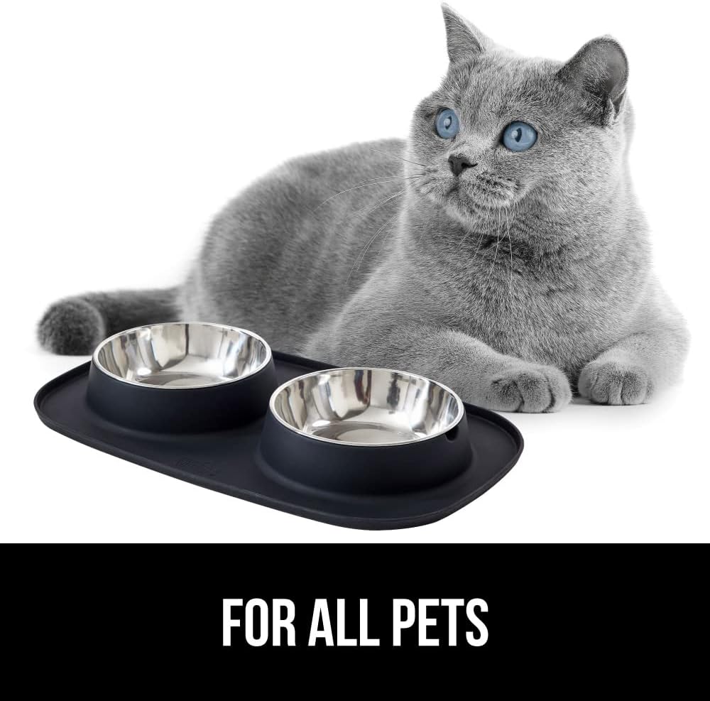 GORILLA GRIP Feeding Mat Set, Patent Pending 100% Waterproof BPA Free Silicone, Stainless Steel Cat and Dog Bowls, Slip Resistant, 1 Black mat/tray with 2 stainless steel bowls