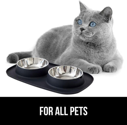 GORILLA GRIP Feeding Mat Set, Patent Pending 100% Waterproof BPA Free Silicone, Stainless Steel Cat and Dog Bowls, Slip Resistant, 1 Black mat/tray with 2 stainless steel bowls