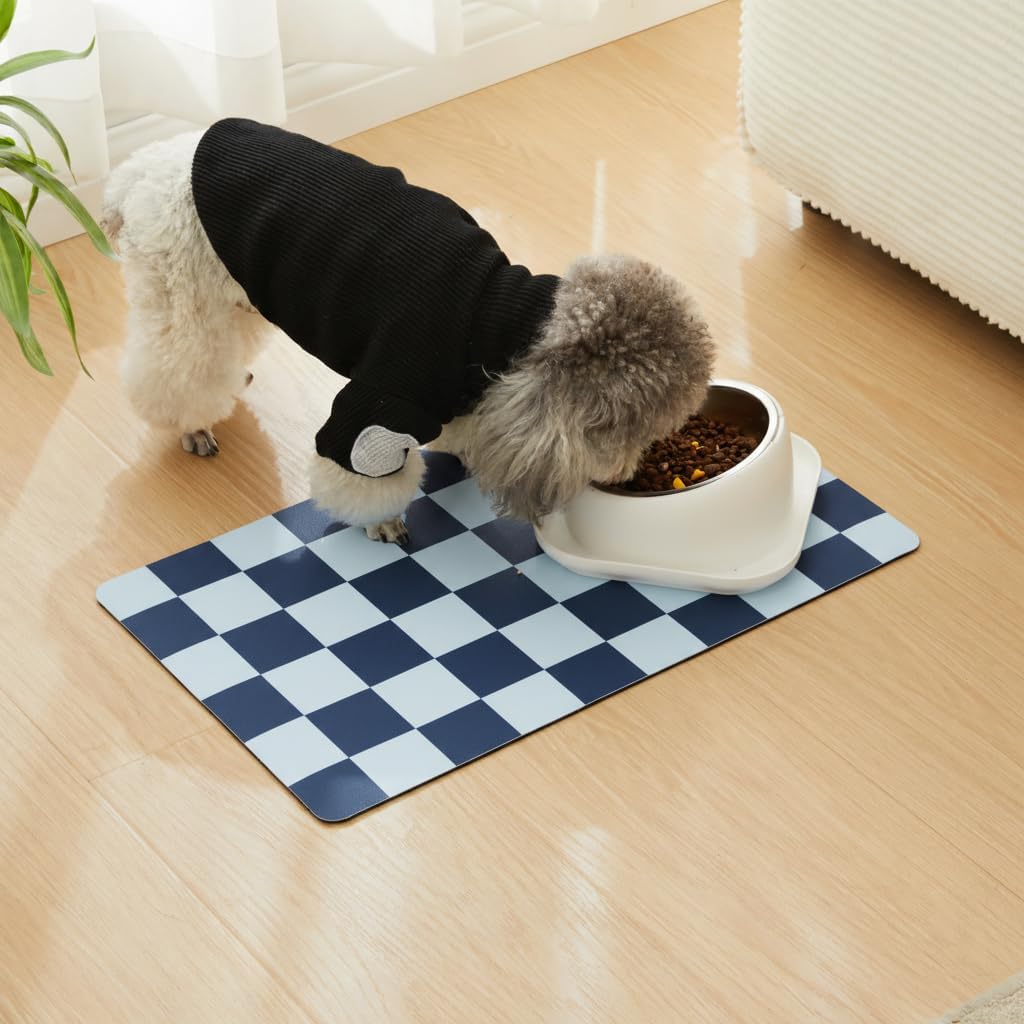 Checkered Dog Feeding Mat, Absorbent Mats for Dog Food and Water Bowl, Dispenser, Retro Aesthetic Khaki Beige Checkerboard Pet Placemat for Dogs, Cats, Puppy Accessories, 12" X 19”