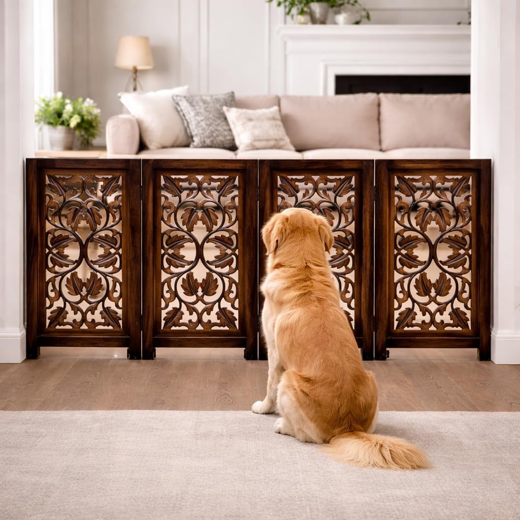 Freestanding Pet Gate for Dogs, Foldable Wooden Dog Gate for House, Indoor Dog Gate for Stair, Doorway, House Design Gates for Dogs Indoor, 72 Inch Wide, (18" x4 Panels 72 inch), Burnt Finish