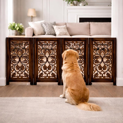 Freestanding Pet Gate for Dogs, Foldable Wooden Dog Gate for House, Indoor Dog Gate for Stair, Doorway, House Design Gates for Dogs Indoor, 72 Inch Wide, (18" x4 Panels 72 inch), Burnt Finish