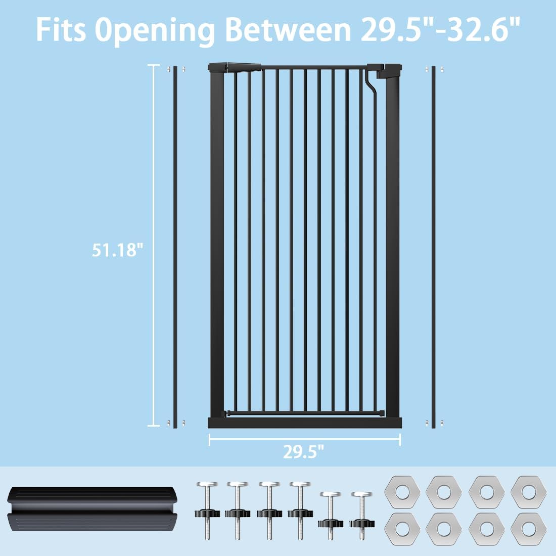 51.18" Extra Tall Cat Gate for Doorway,29.5"- 48.4" Wide Auto Close Tall Pet Gate No Drilling Pressure Mounted for Hallway Kitchen,Black