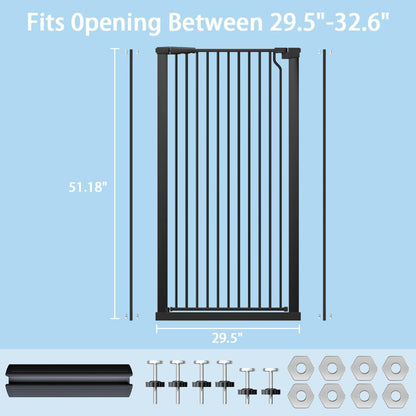 51.18" Extra Tall Cat Gate for Doorway,29.5"- 48.4" Wide Auto Close Tall Pet Gate No Drilling Pressure Mounted for Hallway Kitchen,Black