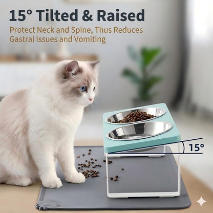 Upgraded Elevated Cat Bowls with Food Mat,15°Tilted Stand Anti Vomiting Raised Cat Dishes for Food and Water,2 Stainless Steel Bowls for Cats and Puppy