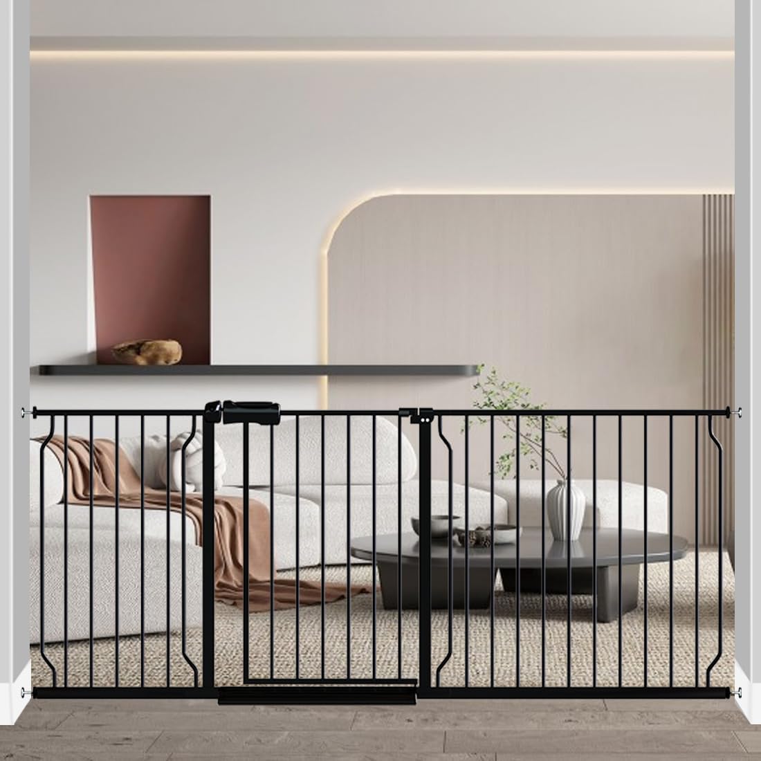 Fairy Baby Extra Wide Baby Gate Black 57.5-62 Inch Wide, Walk Through Pressure Mounted No Drill for Doorways, Long and Large Tension Dog Gates for Pet and Kids