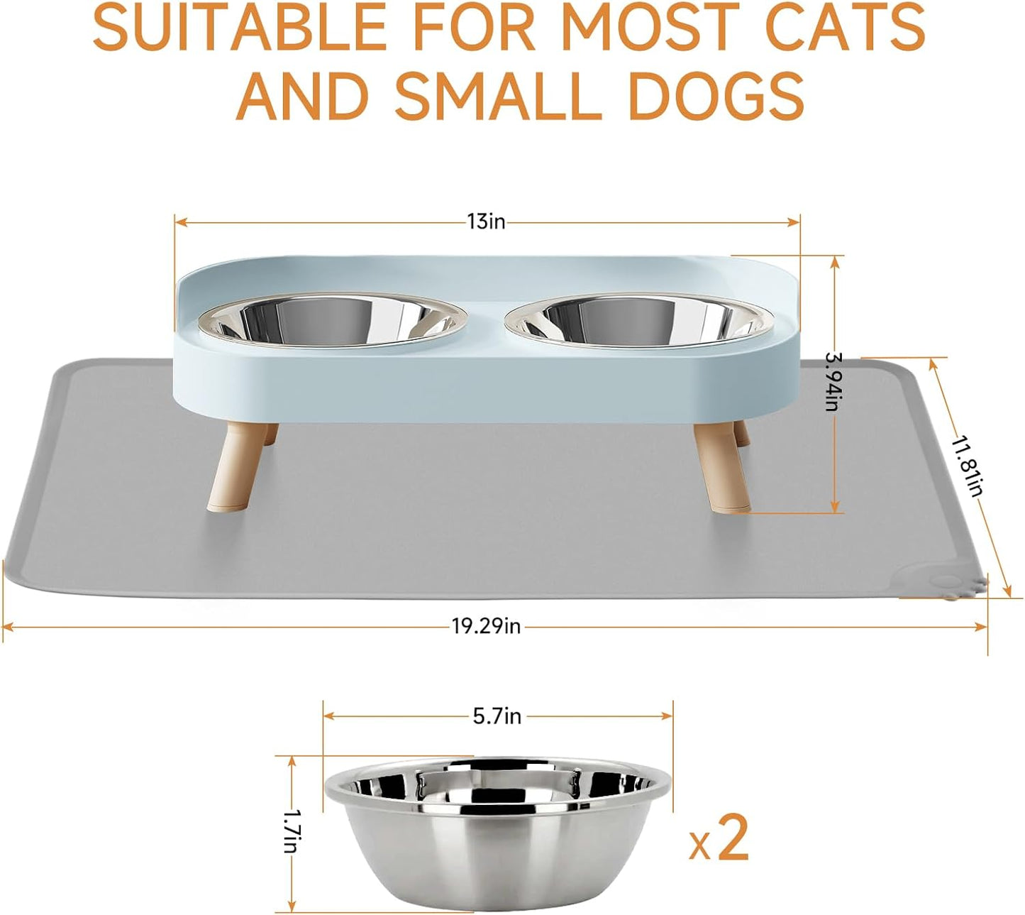 Elevated Cat Bowl, Raised Cat Food and Water Bowl Set for Indoor Cats, Splash Proof with 2 Stainless Steel Pet Food Bowls for Cats and Puppies, Whisker Fatigue and Dishwasher Safe - White