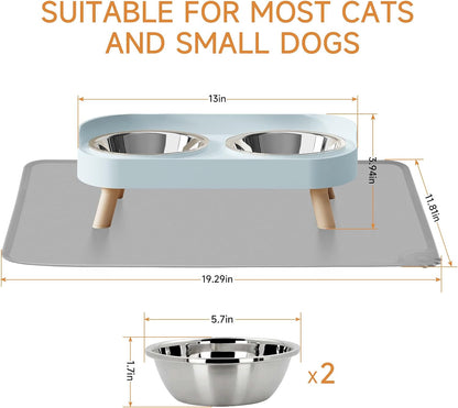 Elevated Cat Bowl, Raised Cat Food and Water Bowl Set for Indoor Cats, Splash Proof with 2 Stainless Steel Pet Food Bowls for Cats and Puppies, Whisker Fatigue and Dishwasher Safe - White