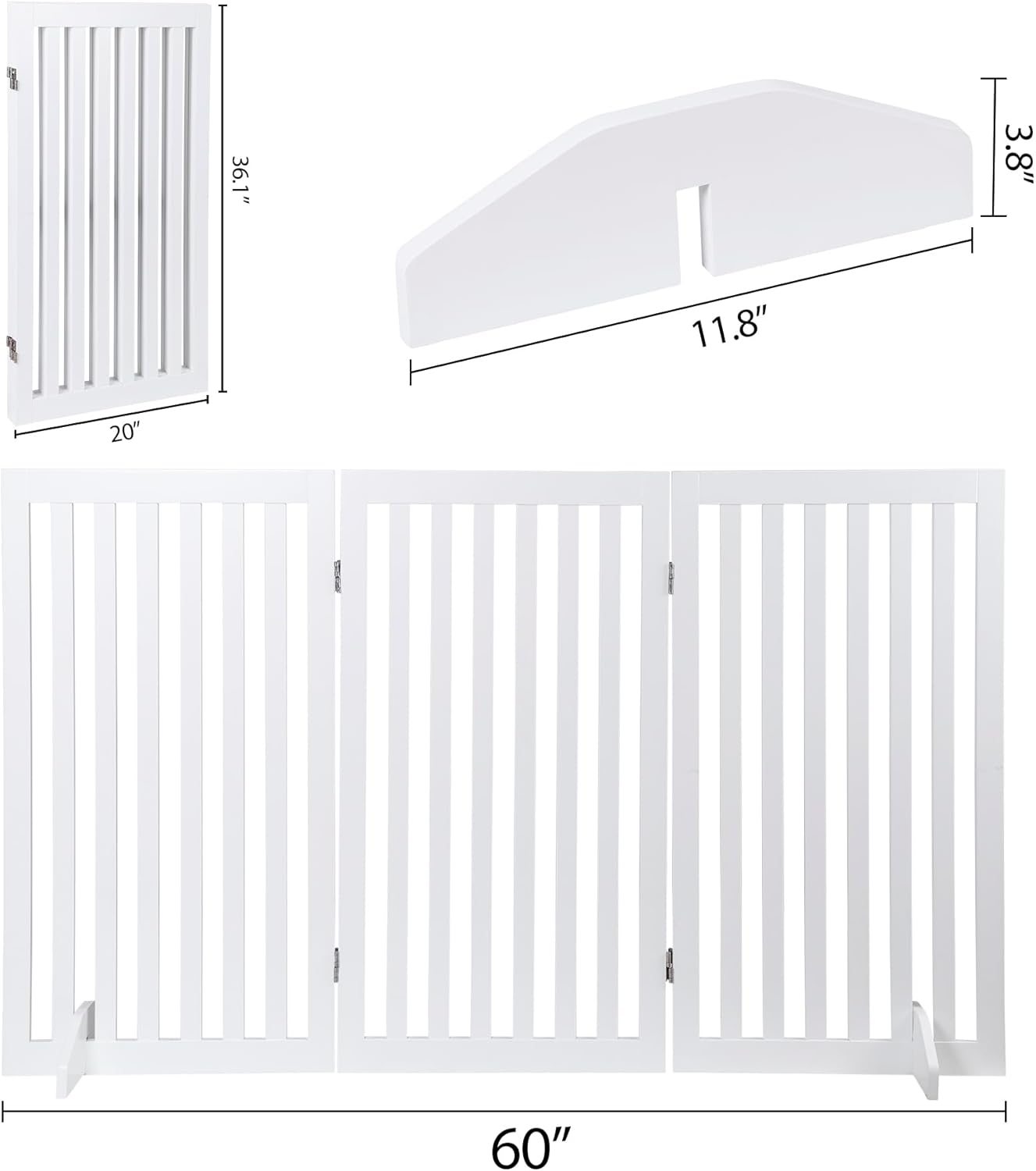 Nouva 36" H Pet Gate, 3 Panels Indoor Foldable Dog Fence, Dog Gate for Stairs Doorways, Hardwood Pet Gate, Freestanding Pet Fence, White