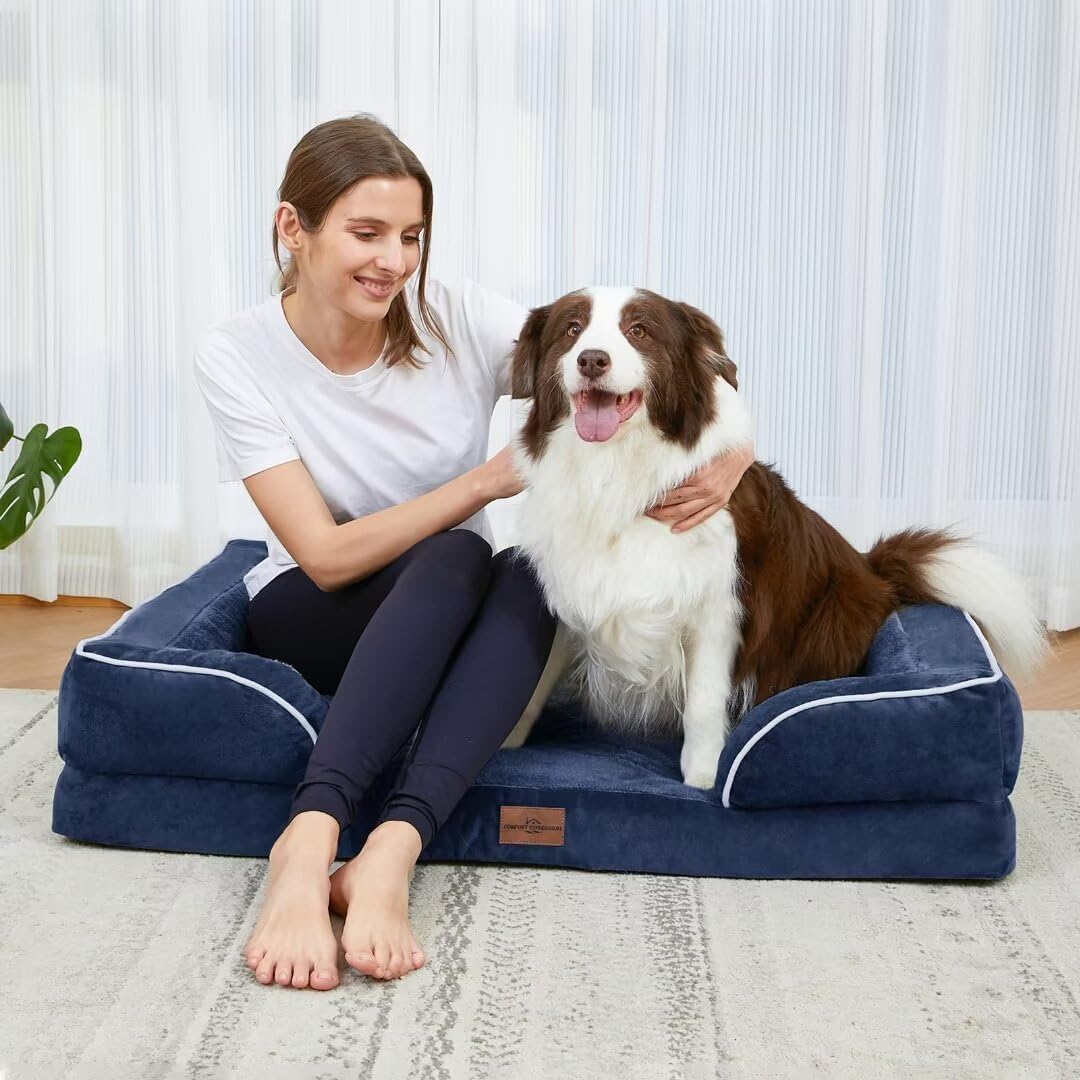 Comfort Expression Orthopedic Dog Bed for Extra Large Dogs 42x30 Inch, Waterproof Egg Crate Foam XL Pet Bed with Removable Bolsters, Dog Couch with Washable Cover & Non-Slip Bottom, Grey - Colors B