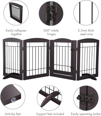 PAWLAND Free Standing Dog Gates for The House Stairs Doorways Indoor Foldable Wooden Small White Puppy Pet Gate Step Over Fence 60" W 24" H 3 Panels