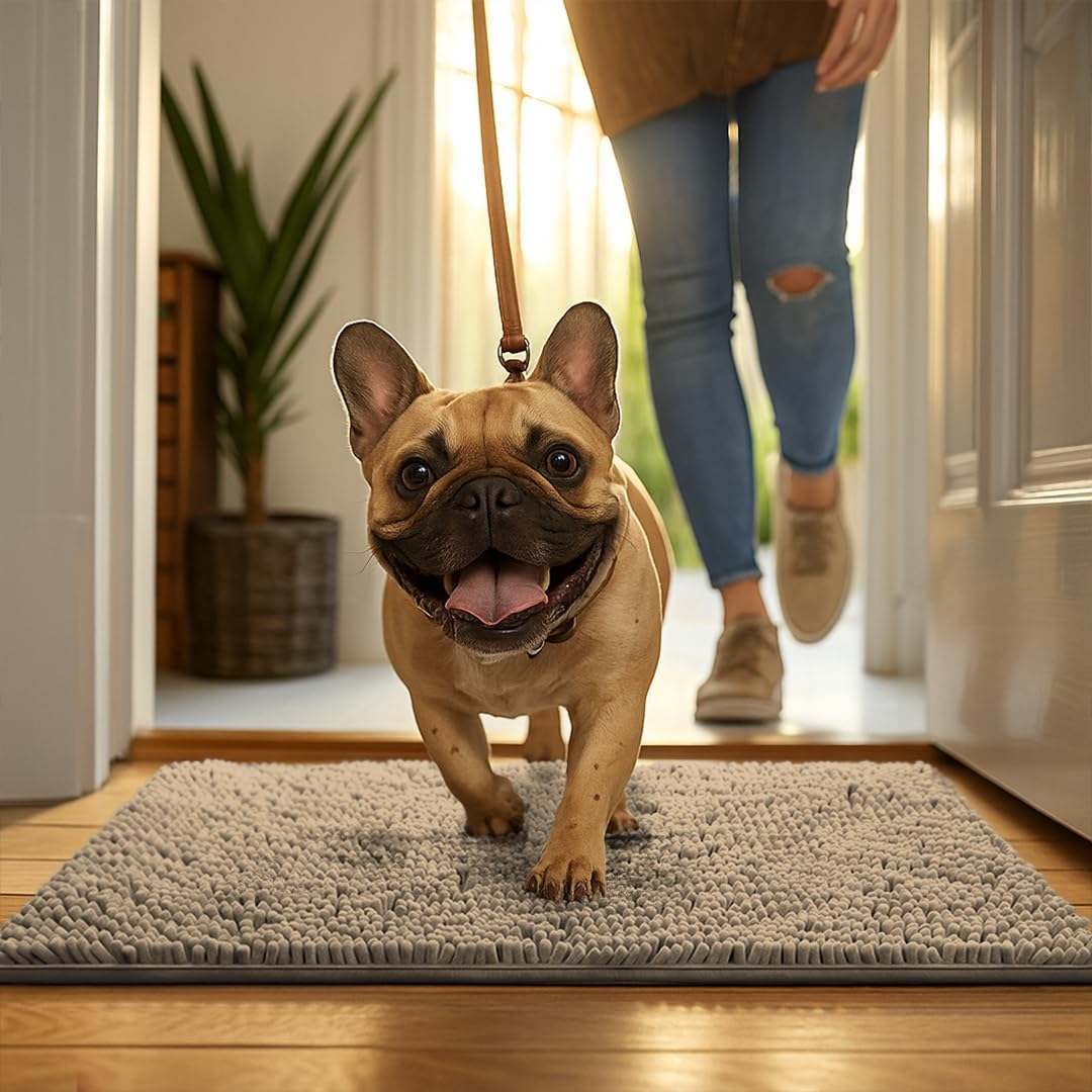 MudGuard Mat™ Dog Door Mat for Muddy Paws, Super Absorbent Microfiber, Non-Slip Indoor Mat, Quick Dry Chenille Mud Mat for Dogs & Entryway, Washable, Grey 19" x 30"