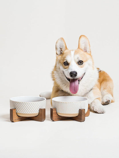 LE TAUCI PET Ceramic Dog and Cat Bowl Set with Acacia Wood Stand - 2 Cup Weighted Non-Slip Food and Water Bowls for Small Dogs & Cats, Lines + Dot