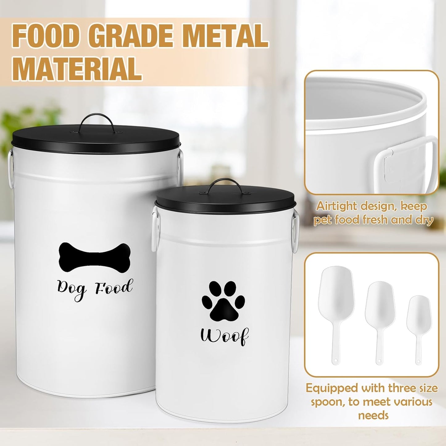 DoubleFill Extra Large 23+10 lbs Metal Dog Food Storage Containers Set of 2 Airtight Dog Treat Snack Jars with Lids and Spoon Farm House Style Big Pet Cookie Jar for Kitchen Counter Gift