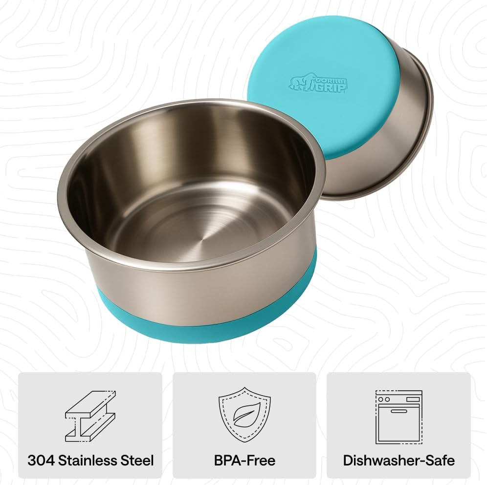GORILLA GRIP Dog Bowls, Food Grade 304 Stainless Steel, Holds 2 Cups Each (16 fl oz) Food and Water Bowl for Feeding Dogs and Cats, Dishwasher Safe, Rust Resistant, BPA Free Rubber Base Set of 2 Black