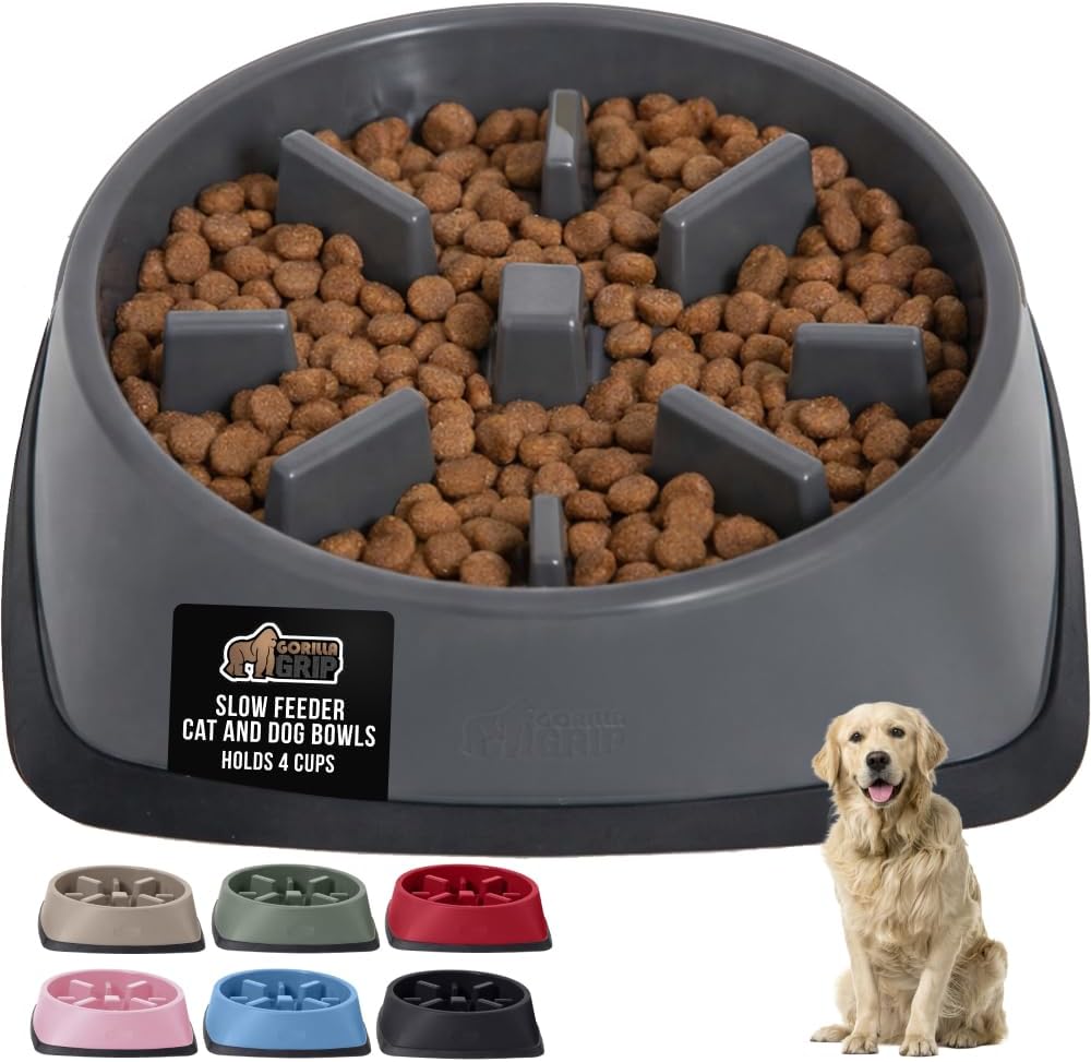 GORILLA GRIP® Patented BPA Free Slow Feeder Dog Bowls, Interactive Puzzle Toy for Dogs and Cats Food Training Enrichment, Keeps Pets Busy and Prevents Puppy Overeating, Small Breeds, 1 Cup, Gray