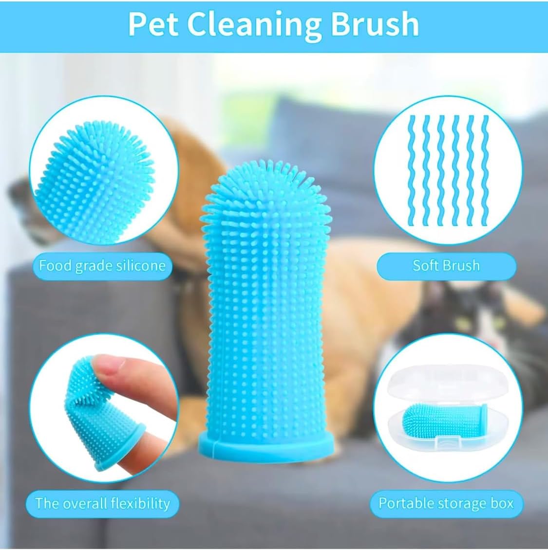 Gomoly Pet Toothbrush, 360 ° Dog Tooth Cleaning Set, Cat Finger Cover Toot-hbrush for Cleaning Tongue Coating and Tooth Care, Pet Silicone Finger Cover Toothbrush Set of 2 with Case (Blue),Large
