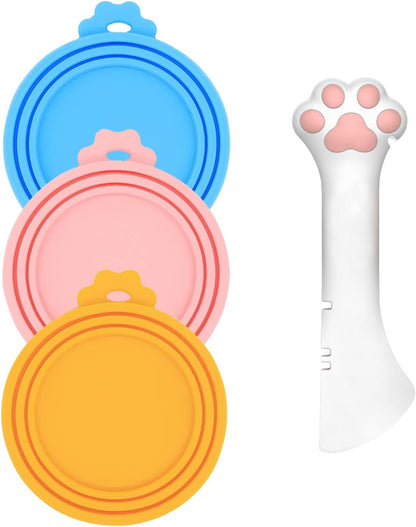Pet Can Opener & 3 Pcs Cat Food Can Lids | Universal BPA Free Silicone Covers & Multi-Function Wet Food Spoon for Cat and Dog Food(Dark Blue)