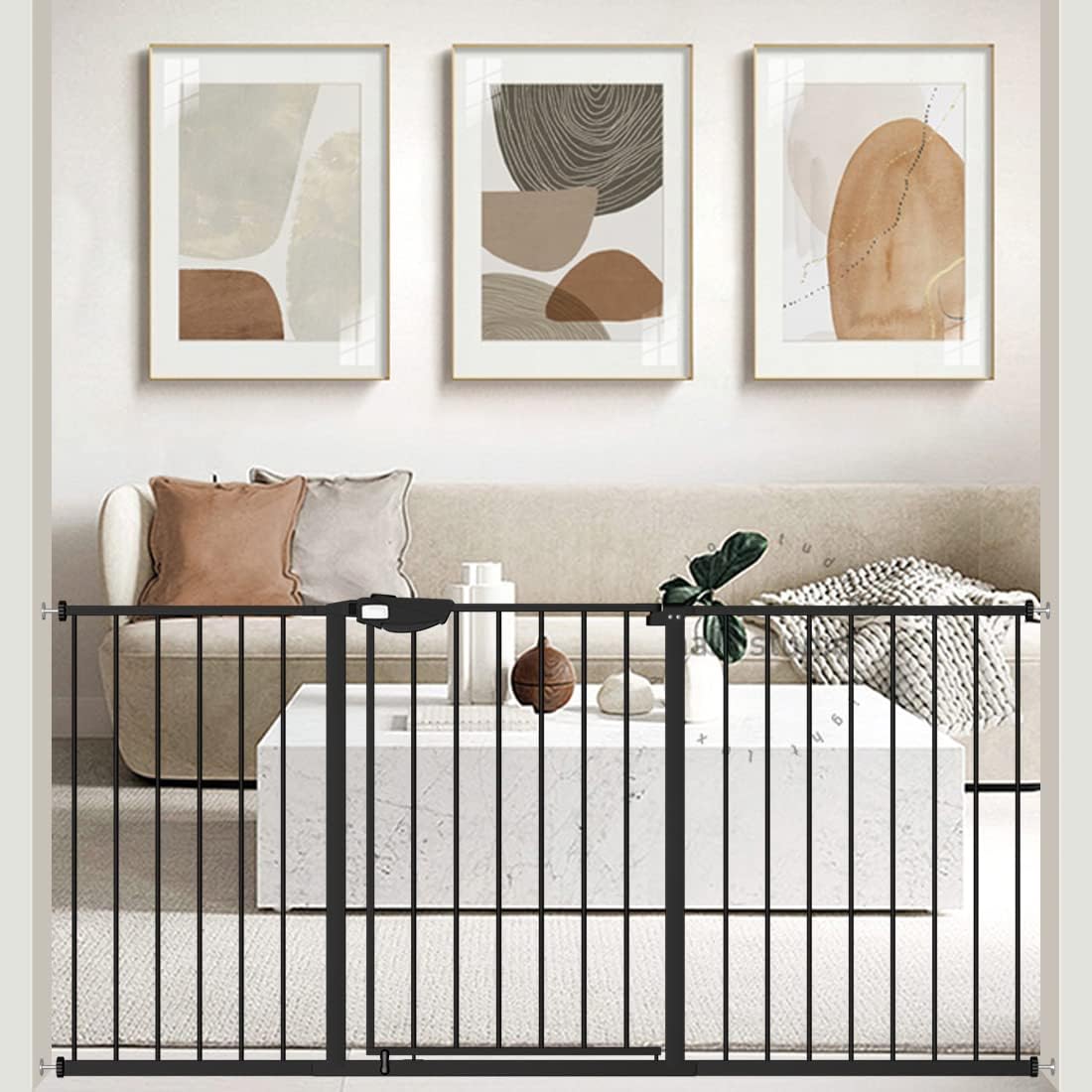 WAOWAO Triple Lock 49.21-66.54" Baby Gate Extra Wide Pressure Mounted Walk Through Swing Auto Close Safety Black Metal Dog Pet Puppy for Stairs,Doorways,Kitchen
