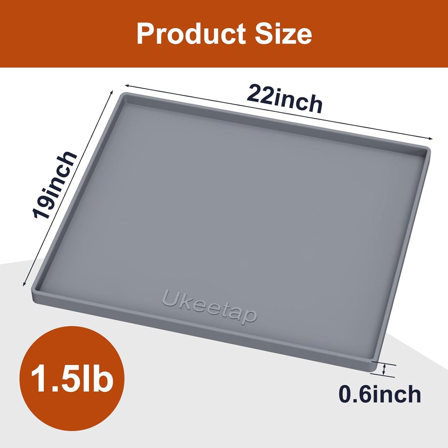 ukeetap Extra Thick Silicone Mat Waterproof with Raised Edge 19” x 12”, BPA Free Non-Slip Dog & Cat Food Mat, Feeding Mat for Food and Water Bowls, Spill Proof Mat to Protect Floors, Gray