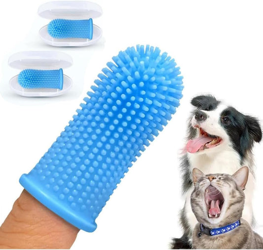 Gomoly Pet Toothbrush, 360 ° Dog Tooth Cleaning Set, Cat Finger Cover Toot-hbrush for Cleaning Tongue Coating and Tooth Care, Pet Silicone Finger Cover Toothbrush Set of 2 with Case (Blue),Large