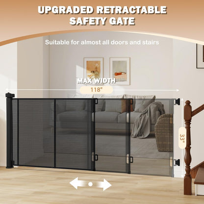 SMONTER Extra Wide Retractable Dog Gates, Mesh Baby Gate with Support Rods Extend to 118" Wide 33" Tall, Portable Safety Retractable Gate for Stairs, Indoor/Outdoor, Black