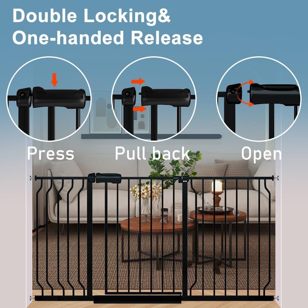 Extra Wide Baby Gate 57.5-62 Inch Black Walk THR Dog Gates Doorways House No Drill Pressure Mounted Auto Close Long Child Safety Gate for Kids and Pet