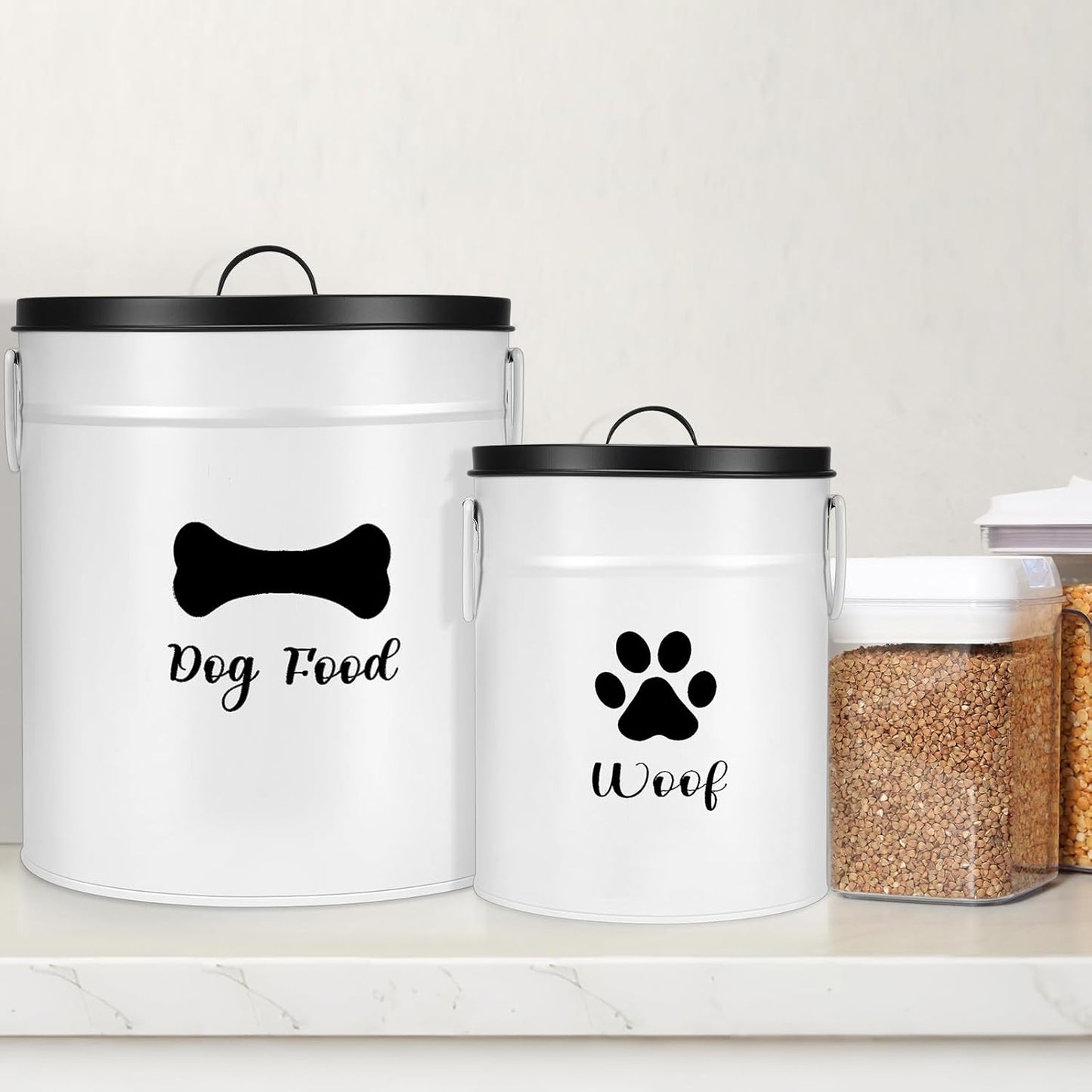 DoubleFill Extra Large 23+10 lbs Metal Dog Food Storage Containers Set of 2 Airtight Dog Treat Snack Jars with Lids and Spoon Farm House Style Big Pet Cookie Jar for Kitchen Counter Gift