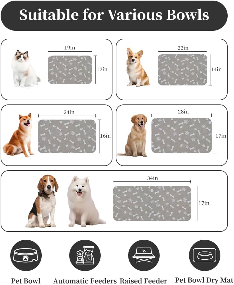 MontVoo Dog Food Mat-Pet Feeding Mat for Food and Water-No Stains Quick Dry Dispenser Cat Bowl Mat for Messy Drinkers(12"x19" Dark Grey)