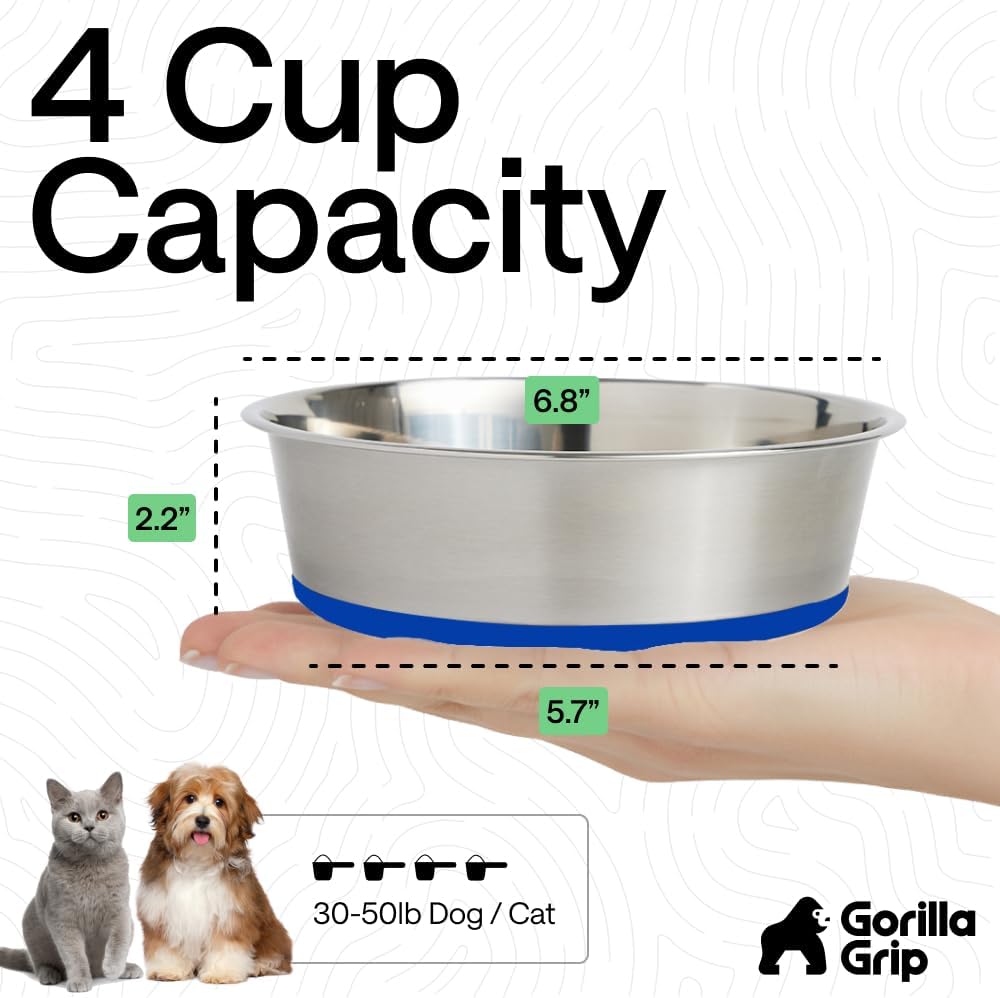 GORILLA GRIP Dog Bowls, Food Grade 304 Stainless Steel, Holds 2 Cups Each (16 fl oz) Food and Water Bowl for Feeding Dogs and Cats, Dishwasher Safe, Rust Resistant, BPA Free Rubber Base Set of 2 Black