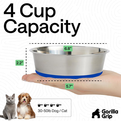 GORILLA GRIP Dog Bowls, Food Grade 304 Stainless Steel, Holds 2 Cups Each (16 fl oz) Food and Water Bowl for Feeding Dogs and Cats, Dishwasher Safe, Rust Resistant, BPA Free Rubber Base Set of 2 Black