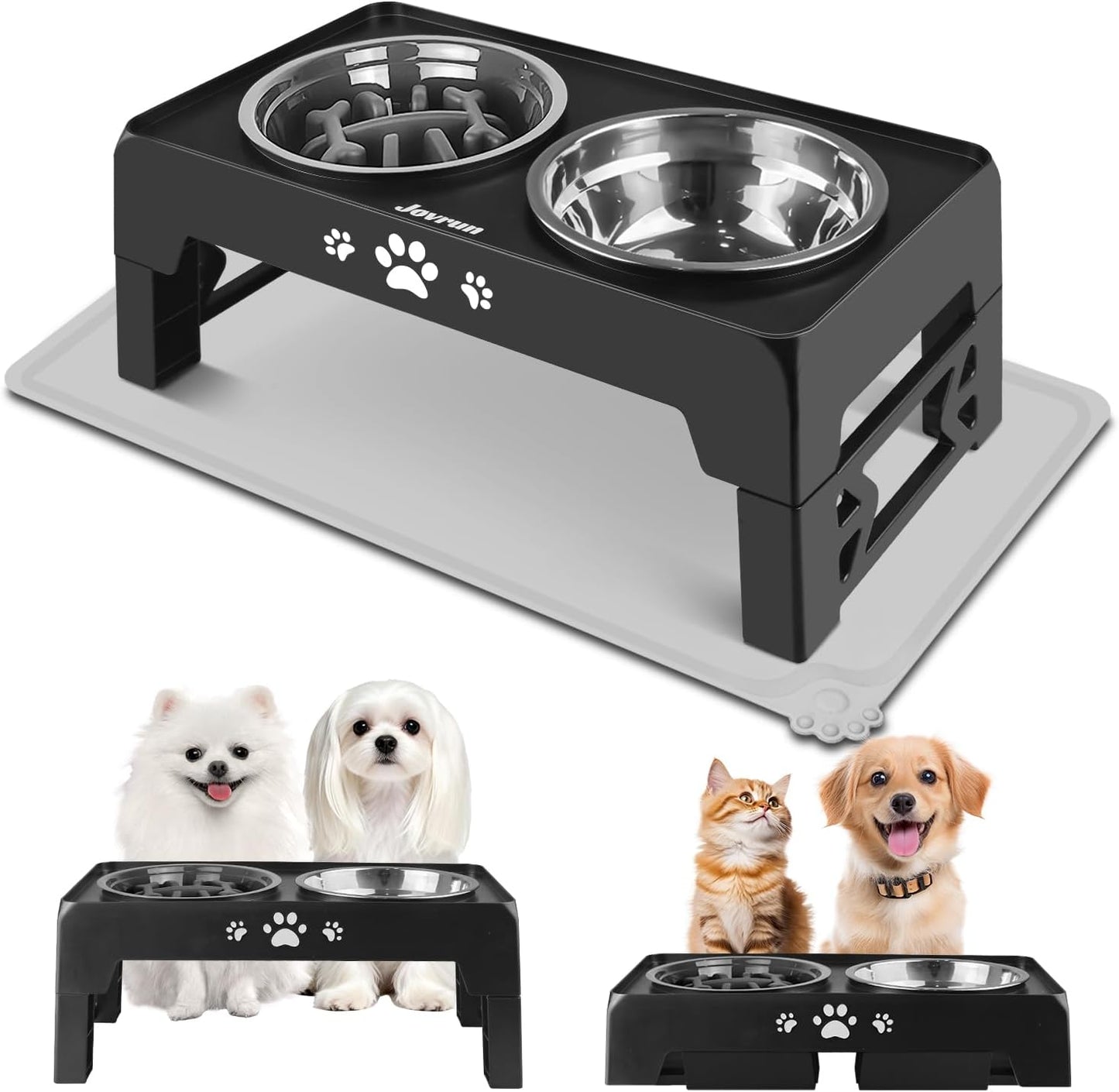 Jovrun Elevated Dog Bowls for Small Dogs and Cats, Non-Slip Cat Bowls with 2 Thick 5.5" Stainless Steel Dishes, Dog Feeder 2 Heights Adjustable to 2.6"-5.3"