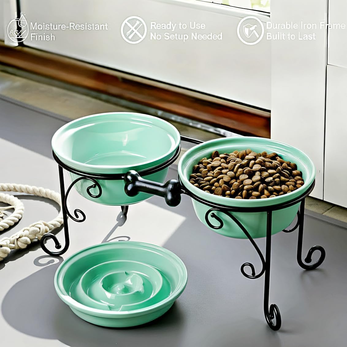 Elevated Dog Bowl Stand with 3 Large Ceramic Bowls – Raised Feeding Station for Medium & Large Dogs, Includes 2 Standard Bowls + 1 Slow Feeder, Durable Iron Frame, Non-Slip (White)