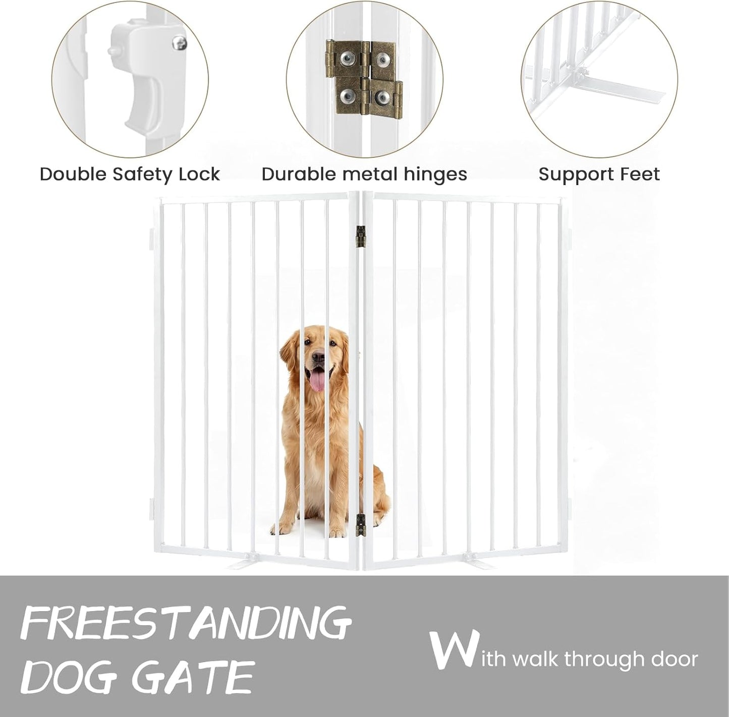 Metal Freestanding Dog Gate with Cat Door for Outdoor Indoor,80" Extra Wide Foldable Pet Fence,30" Tall Dog Gate for Large Opening,Stairs,Hallways,Doorways,Deck,Yard,with 3PCS Support(4 Panels,Black)