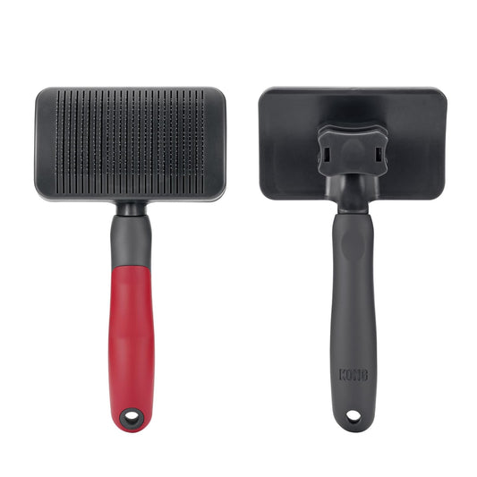 KONG Double-Sided Rake & Deshedding Tool – Detangling & Shedding Control, Rounded Metal Tips, Non-Slip Grip, for Medium to Large Dogs with Medium to Long Coats, Red/Gray