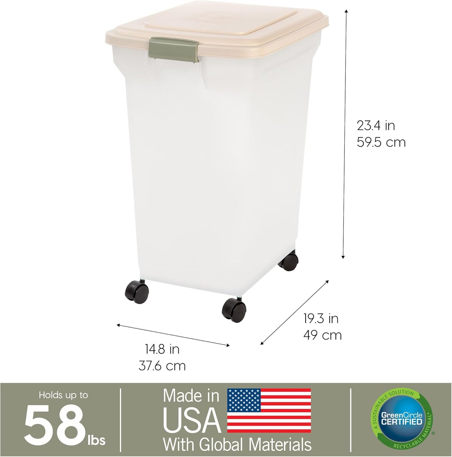 IRIS USA Airtight Dog Food Storage Container, WeatherPro, Up to 40 lbs, Removable Wheels, for Dog Cat Bird and Other Pet Food Storage Bin, Keep Fresh, Translucent Body, Made in USA, Smoke/Black