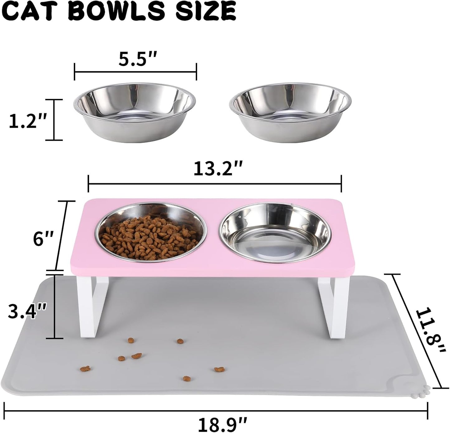 Upgraded Elevated Cat Bowls with Food Mat,15°Tilted Stand Anti Vomiting Raised Cat Dishes for Food and Water,2 Stainless Steel Bowls for Cats and Puppy