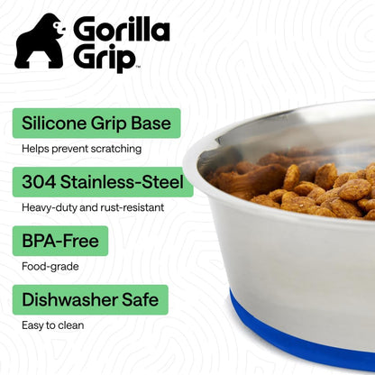 GORILLA GRIP Dog Bowls, Food Grade 304 Stainless Steel, Holds 2 Cups Each (16 fl oz) Food and Water Bowl for Feeding Dogs and Cats, Dishwasher Safe, Rust Resistant, BPA Free Rubber Base Set of 2 Black