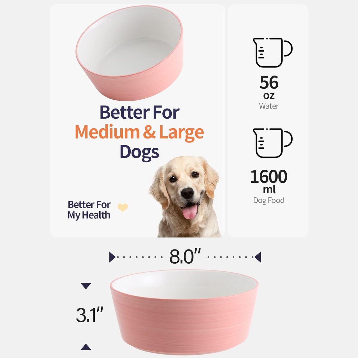 Black Elevated/Raised Dog Bowl Ceramic with Wood Stand for Medium Large Breed,Dog Food Water Dish Heavy Weighted,8 in Non Slip Modern Cute Porcelain Pet Bowl Extra Large