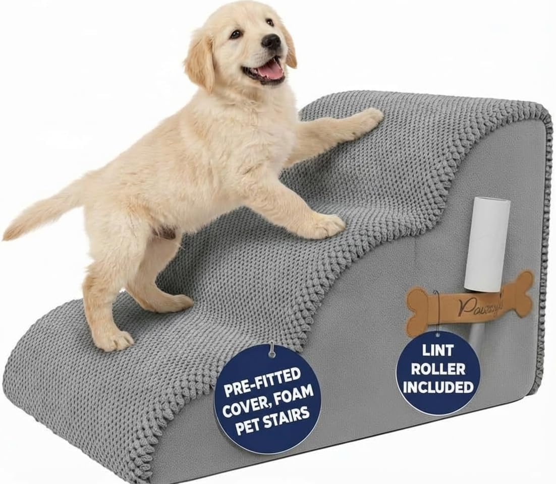 PAWZY Dog Stairs for Medium-Height Beds & Couches, 3-Step Foam Pet Steps 15.5” High for Small Dogs & Cats up to 60 lbs, Wide Non-Slip, Waterproof Washable Zipper Cover, No Assembly, Grey