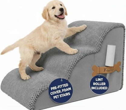 PAWZY Dog Stairs for Medium-Height Beds & Couches, 3-Step Foam Pet Steps 15.5” High for Small Dogs & Cats up to 60 lbs, Wide Non-Slip, Waterproof Washable Zipper Cover, No Assembly, Grey