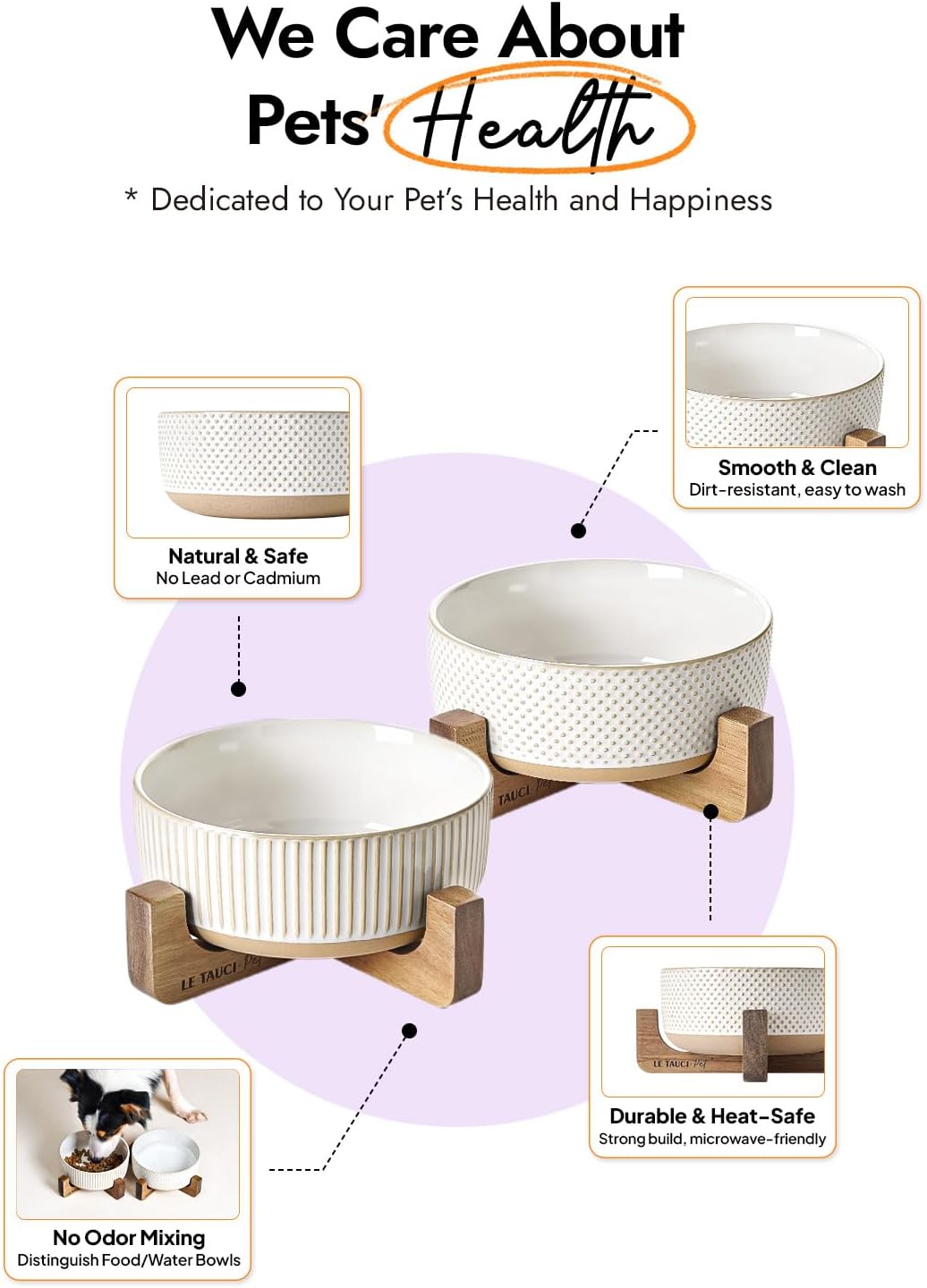 LE TAUCI PET Ceramic Dog and Cat Bowl Set with Acacia Wood Stand - 2 Cup Weighted Non-Slip Food and Water Bowls for Small Dogs & Cats, Lines + Dot