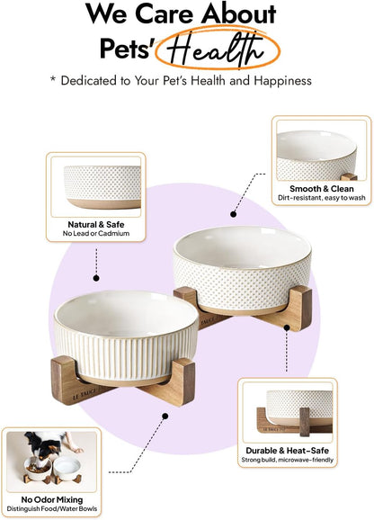 LE TAUCI PET Ceramic Dog and Cat Bowl Set with Acacia Wood Stand - 2 Cup Weighted Non-Slip Food and Water Bowls for Small Dogs & Cats, Lines + Dot