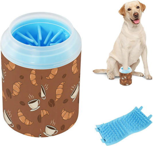 Breakfast Coffee Brown Print Dog Paw Cleaner Cup with Soft Silicone Brush, Portable Lightweight Small Muddy Paw Washer for Dogs, Easy to Use Pet Foot Cleaner
