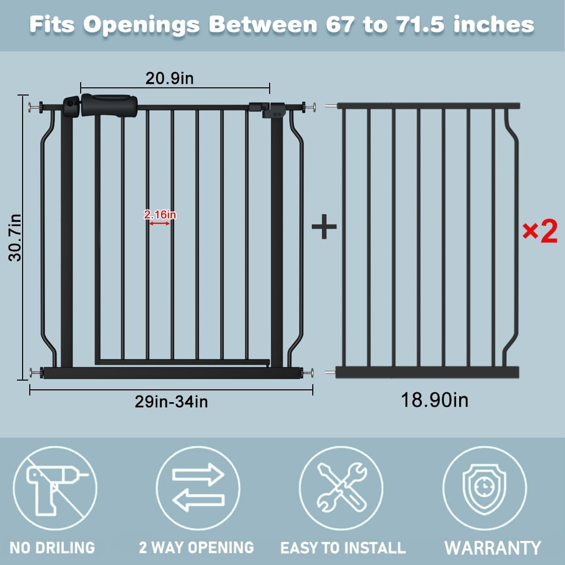 Extra Wide Baby Gate 57.5-62 Inch Black Walk THR Dog Gates Doorways House No Drill Pressure Mounted Auto Close Long Child Safety Gate for Kids and Pet