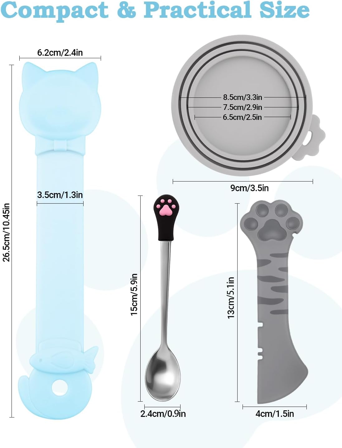 6 PCS Cat Food Can Covers Set, Reusable Silicone Can Lids with Opener, Stainless Steel Wet Food Spoon & Cat Treat Squeezer for Pet Feeding and Storage, Fits Cats & Dogs