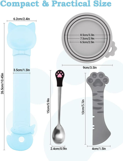 6 PCS Cat Food Can Covers Set, Reusable Silicone Can Lids with Opener, Stainless Steel Wet Food Spoon & Cat Treat Squeezer for Pet Feeding and Storage, Fits Cats & Dogs